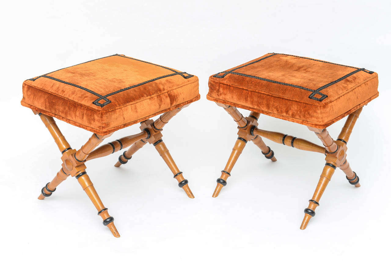 20th Century Pair of Fruitwood X Benches- Biedermeier Style