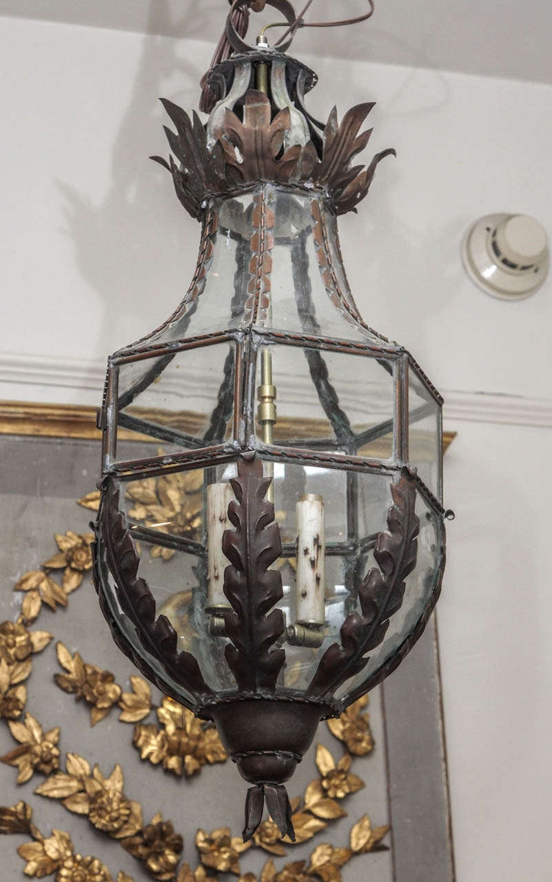 19th century French lantern 2 lights, US wired with 6 glass panels