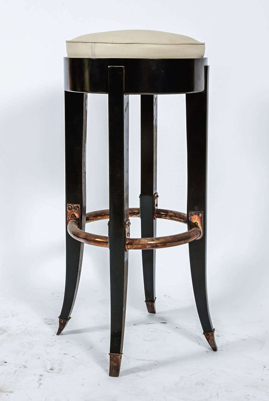 Very elegant pair of stools. Blackened pear tree and bronze plated silver. Leather on the top.
Model of Ruhlmann done in the 1970s for a restaurant.