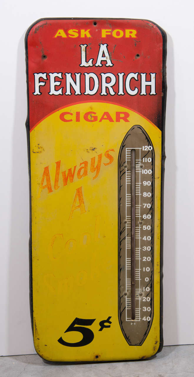 A 1950s thermometer sign advertising La Fendrich 5 cent cigars. Classic graphics and beautiful color. USA.
TN139.