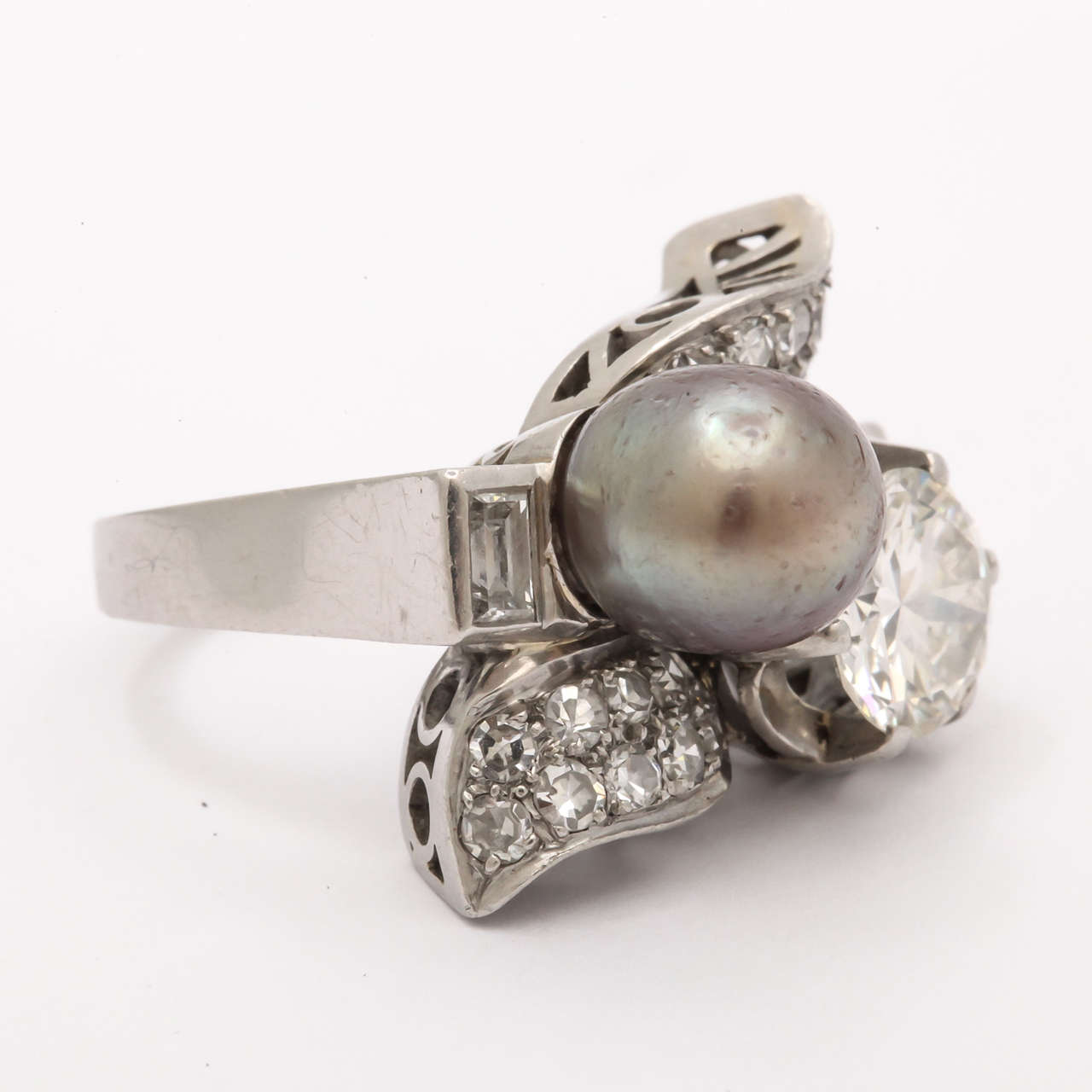 Hollywood Regency Retro Natural Pearl and Diamond Platinum Cocktail Ring