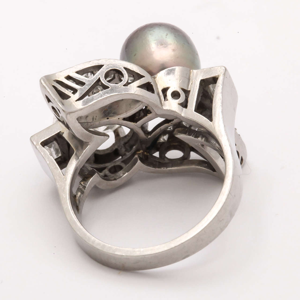 French Retro Natural Pearl and Diamond Platinum Cocktail Ring