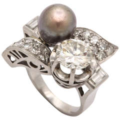 Retro Natural Pearl and Diamond Platinum Cocktail Ring