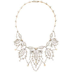Belle Époque Butterfly Motif Diamond and Natural Pearl Gold Necklace