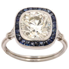 Cushion Cut 3.5 Diamond and Sapphire VintageEngagement Ring