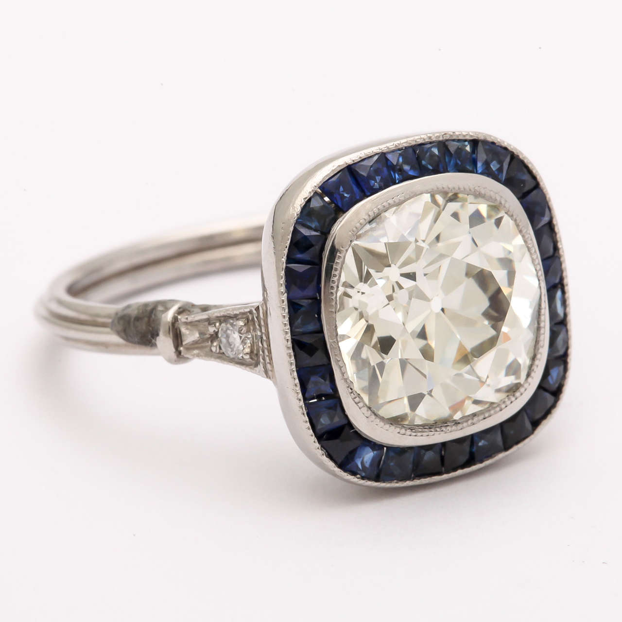 Cushion Cut 3.5 Diamond and Sapphire VintageEngagement Ring at 1stdibs