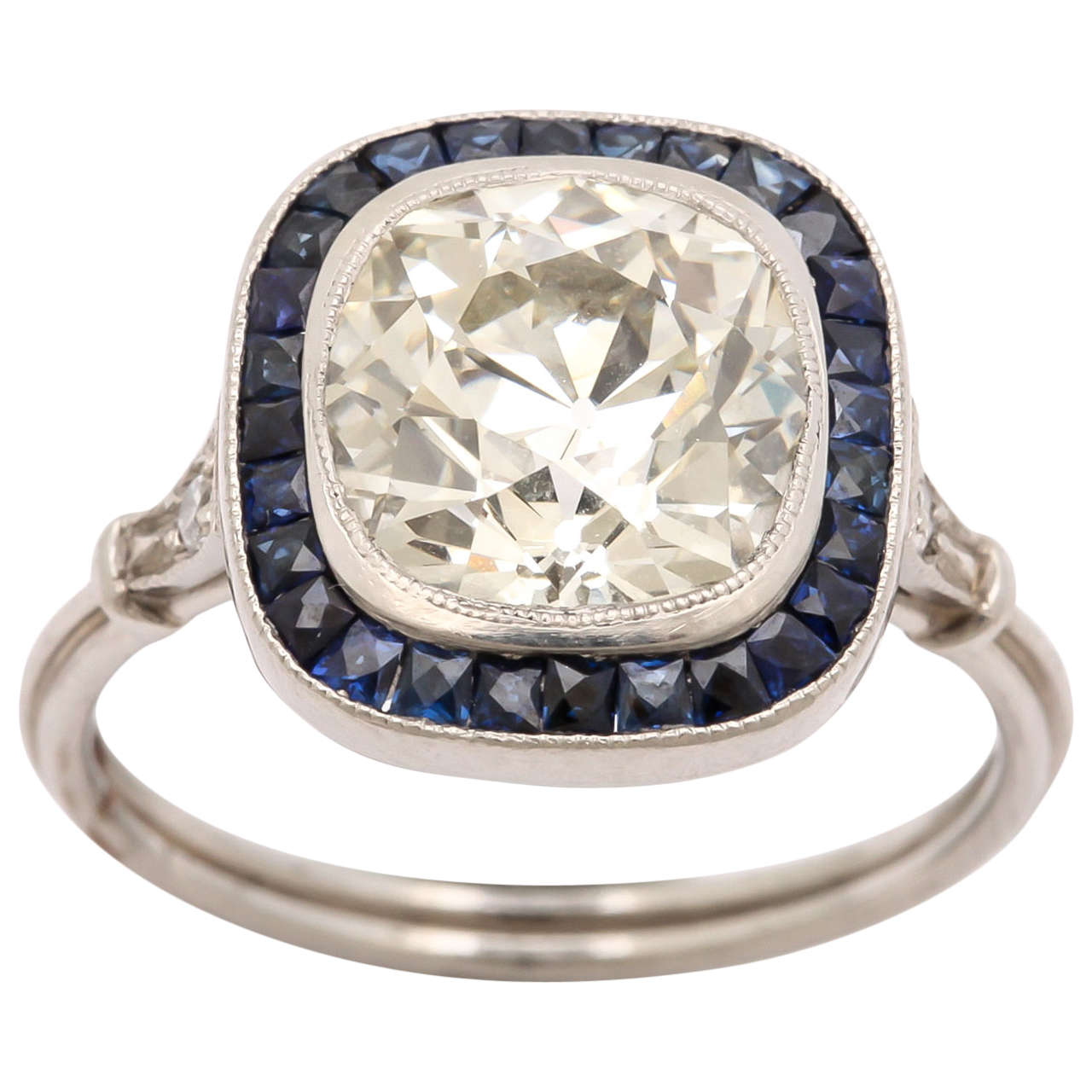Cushion Cut 3.5 Diamond and Sapphire VintageEngagement Ring at 1stdibs