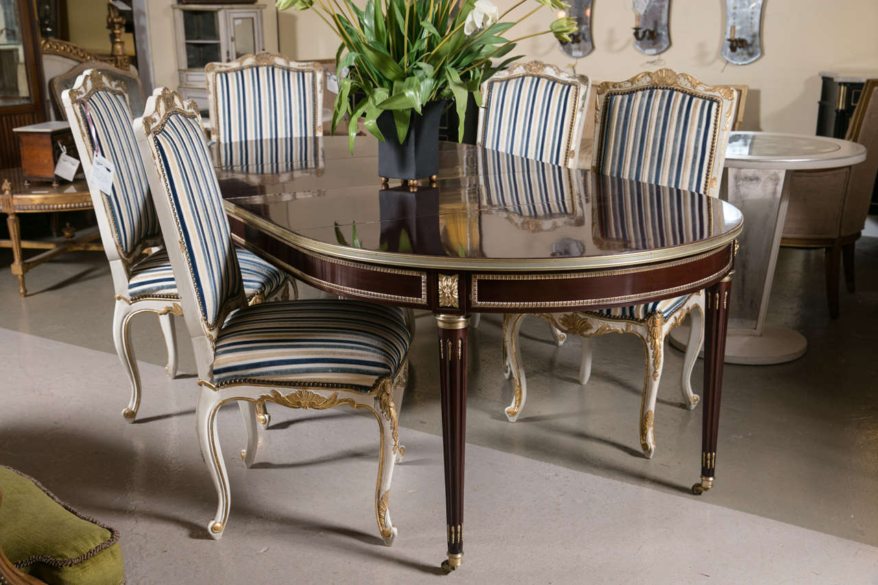 Hollywood Regency Set of Eight Jansen Style Gilt Gold and Painted Louis XV Dining Chairs