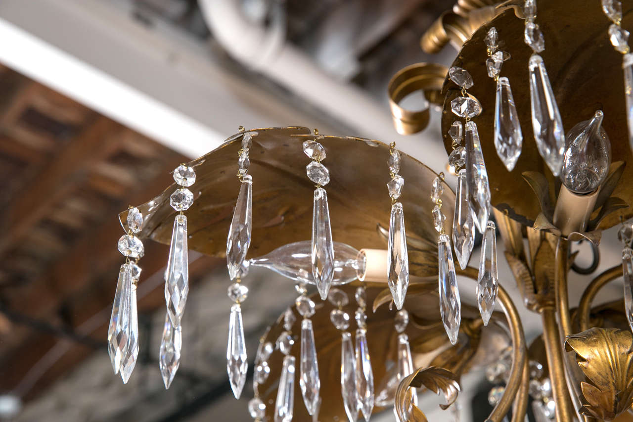 Unknown Brass Five-Light Large Palm Leaf With Crystals ChandelierHollywood Regency Style
