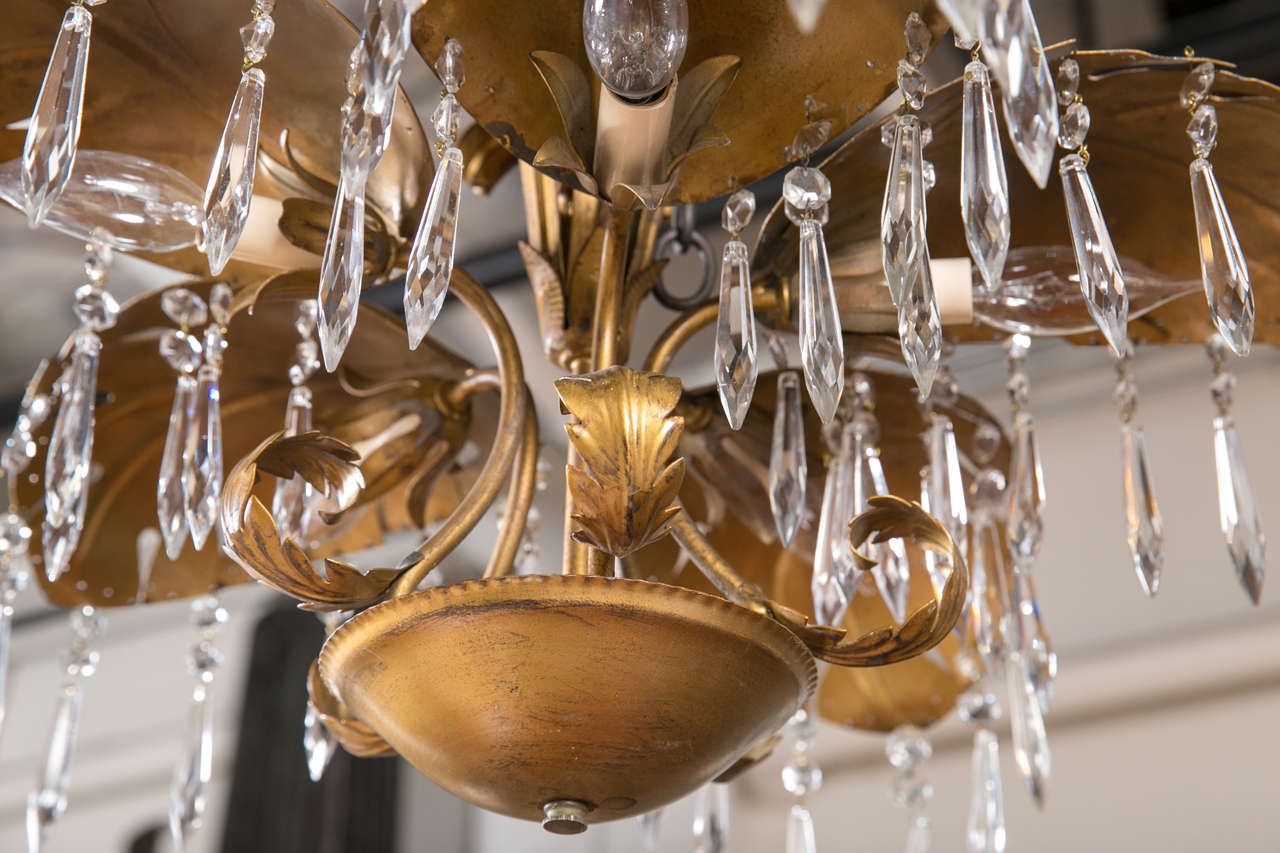 Brass Five-Light Large Palm Leaf With Crystals ChandelierHollywood Regency Style In Good Condition In Stamford, CT