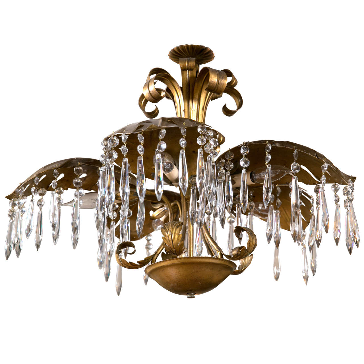 Brass Five-Light Large Palm Leaf With Crystals ChandelierHollywood Regency Style