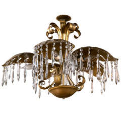 Brass Five-Light Large Palm Leaf With Crystals ChandelierHollywood Regency Style