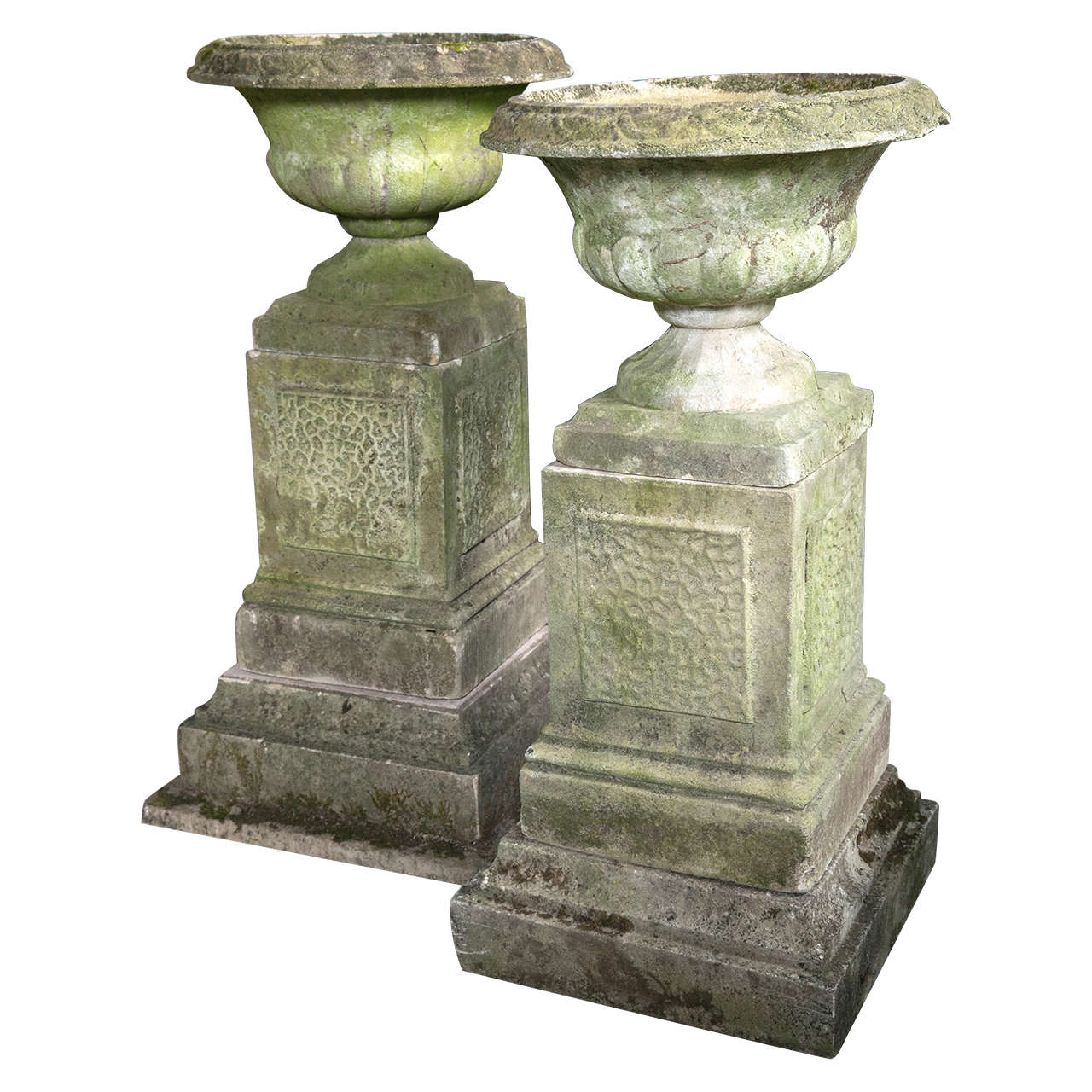 Pair of English Garden Urns on Plinths