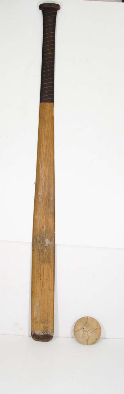 Antique wood carved baseball bat and ball, can be wall mounted, flat back. 1930's.