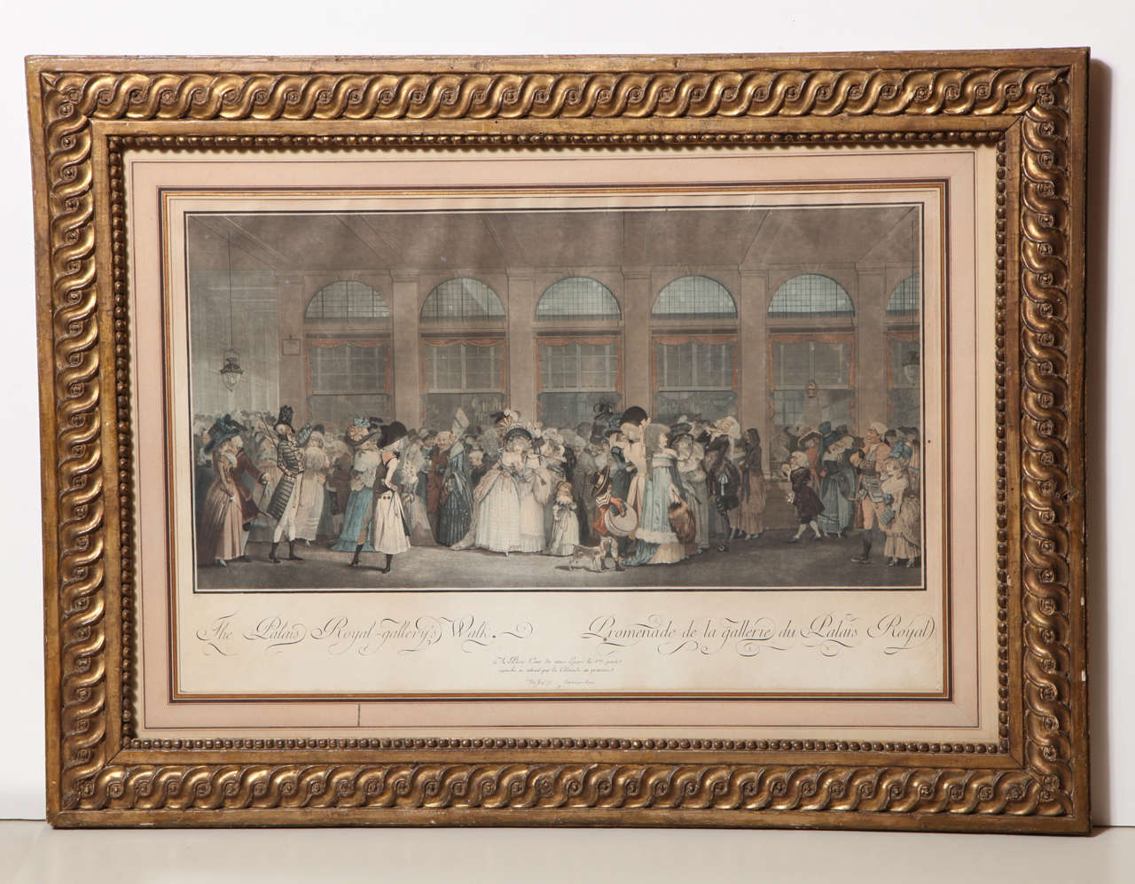Famous for its smart shops, the Palais Royal was a place to see and be seen in 18th century Paris, just as it is today. Then, prints were typically mounted in portfolios, but this one, printed in four-colors, was a technical tour de force and made