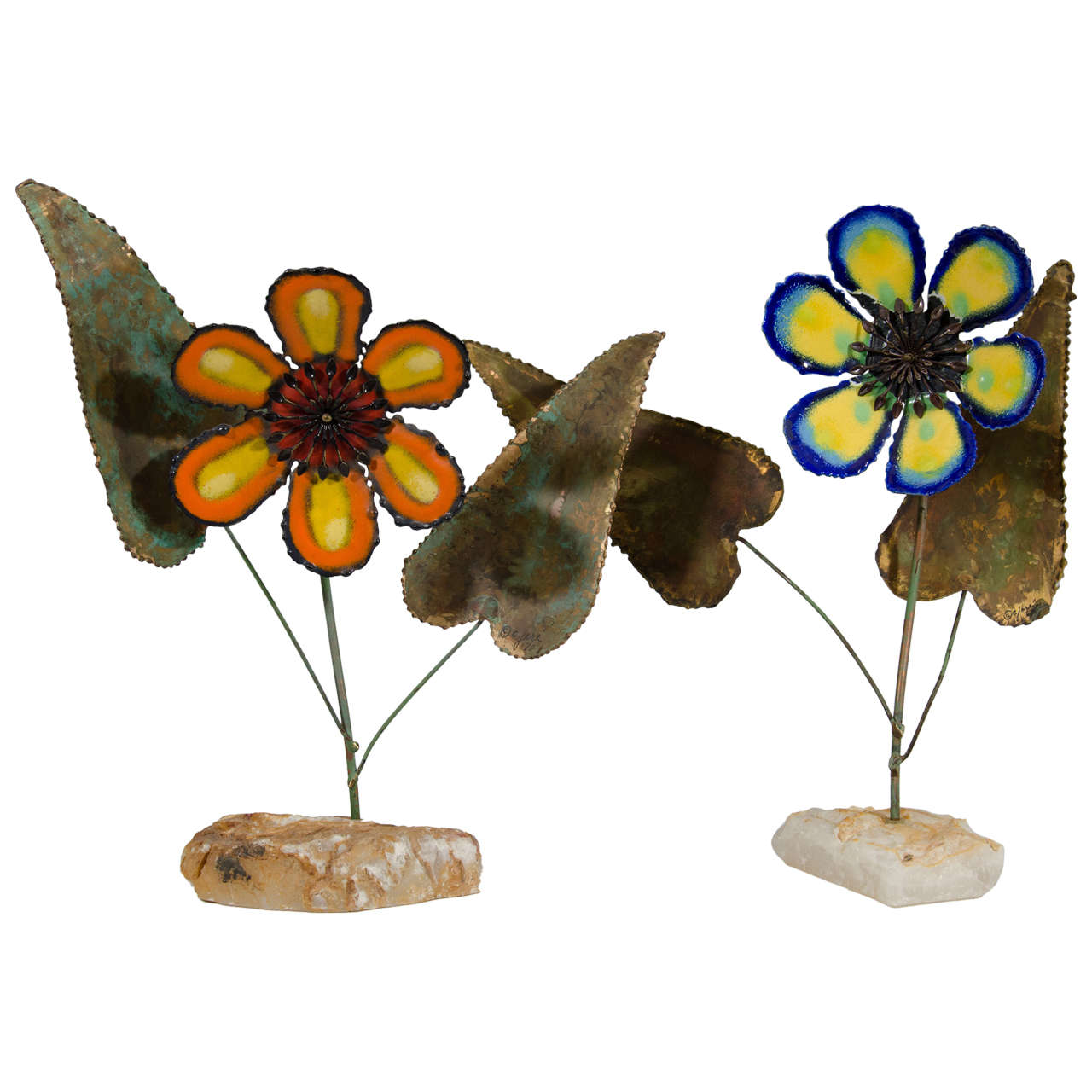 Midcentury Set of Two Curtis Jere Metal and Enamel Flower Sculptures
