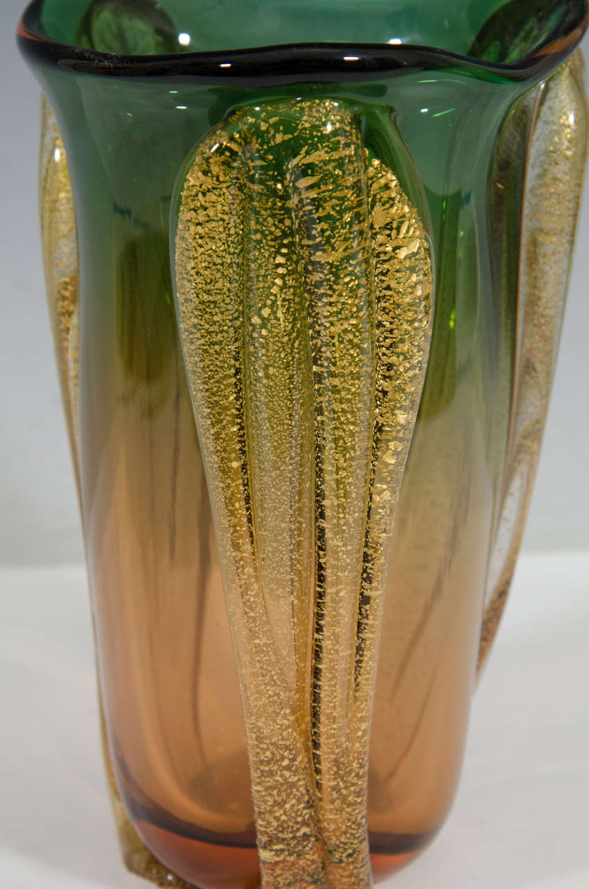 Mid-Century Modern Midcentury Murano Glass Vase in Green and Amber with Gold Leaf