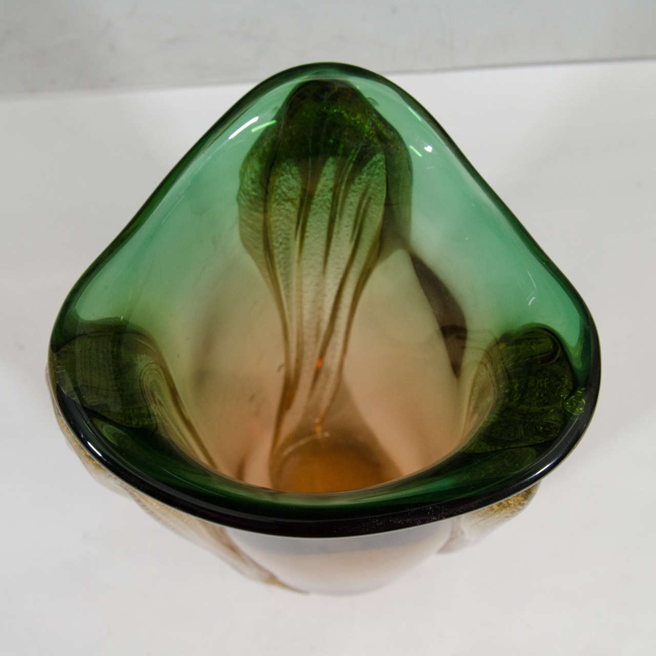 Italian Midcentury Murano Glass Vase in Green and Amber with Gold Leaf