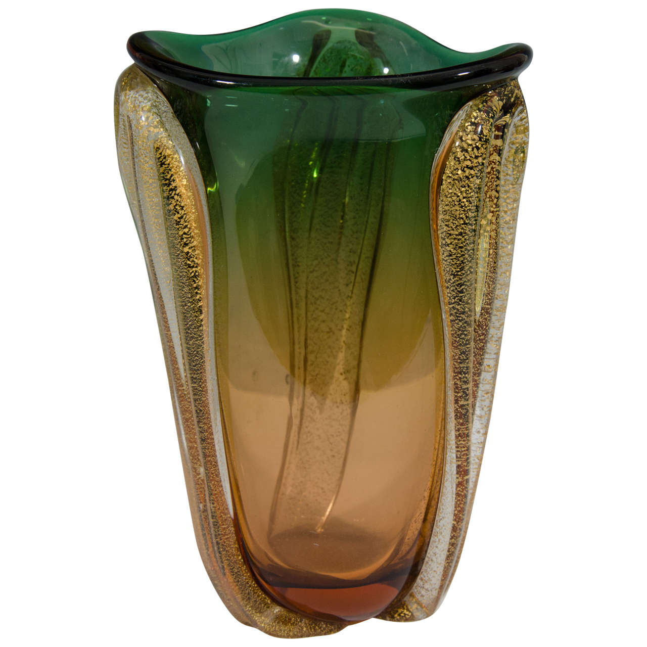Midcentury Murano Glass Vase in Green and Amber with Gold Leaf