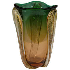 Midcentury Murano Glass Vase in Green and Amber with Gold Leaf 8