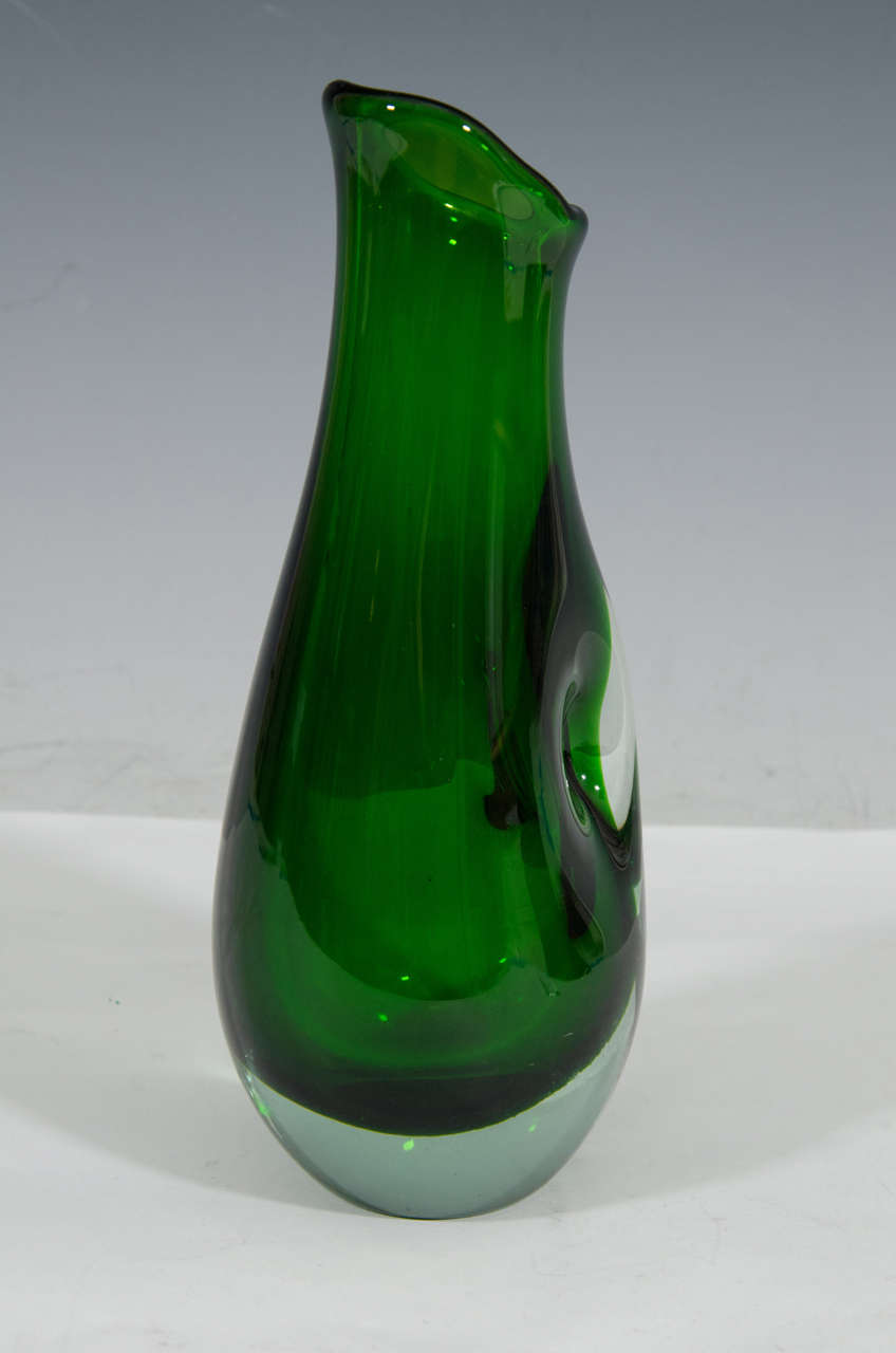 20th Century Midcentury Murano Solid Glass Sculptural Vase in Green