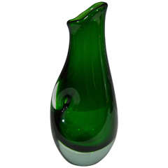 Midcentury Murano Solid Glass Sculptural Vase in Green