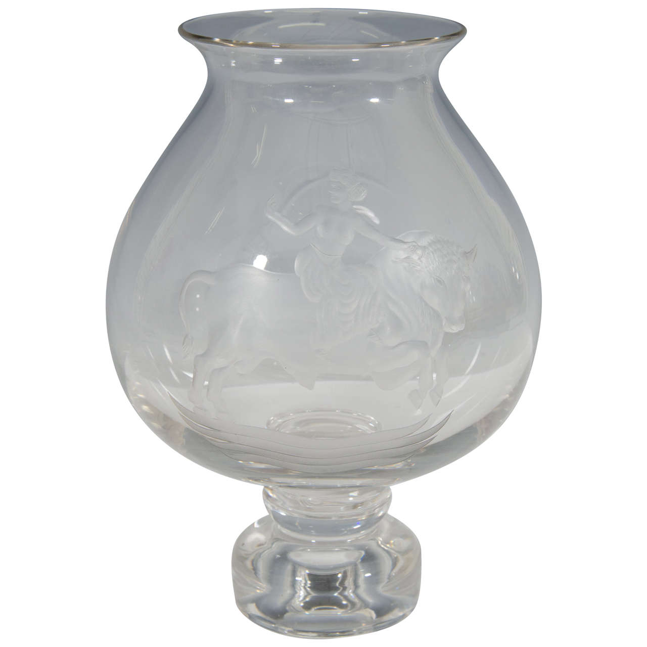 Vintage Urn Form Etched Glass Vase of Europa and the Bull