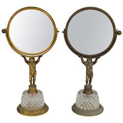 Antique Pair of Bronze and Crystal Cherub Vanity Mirrors