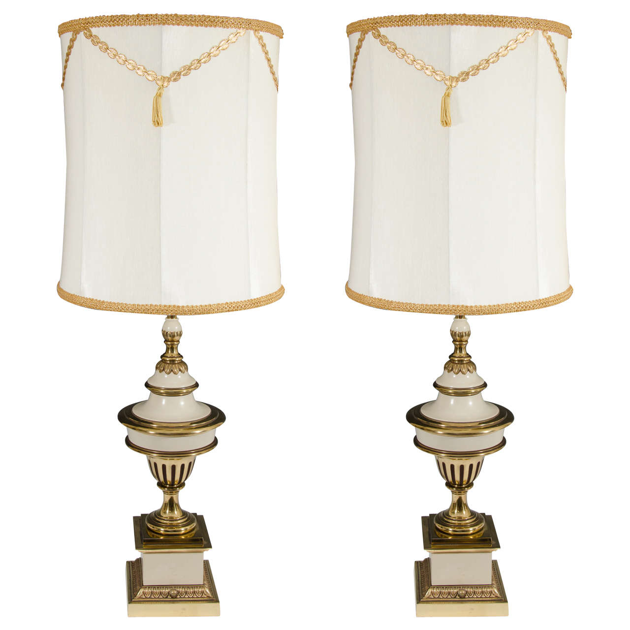 Hollywood Regency Style Pair of Brass Cream Colored Stiffel Table Lamps