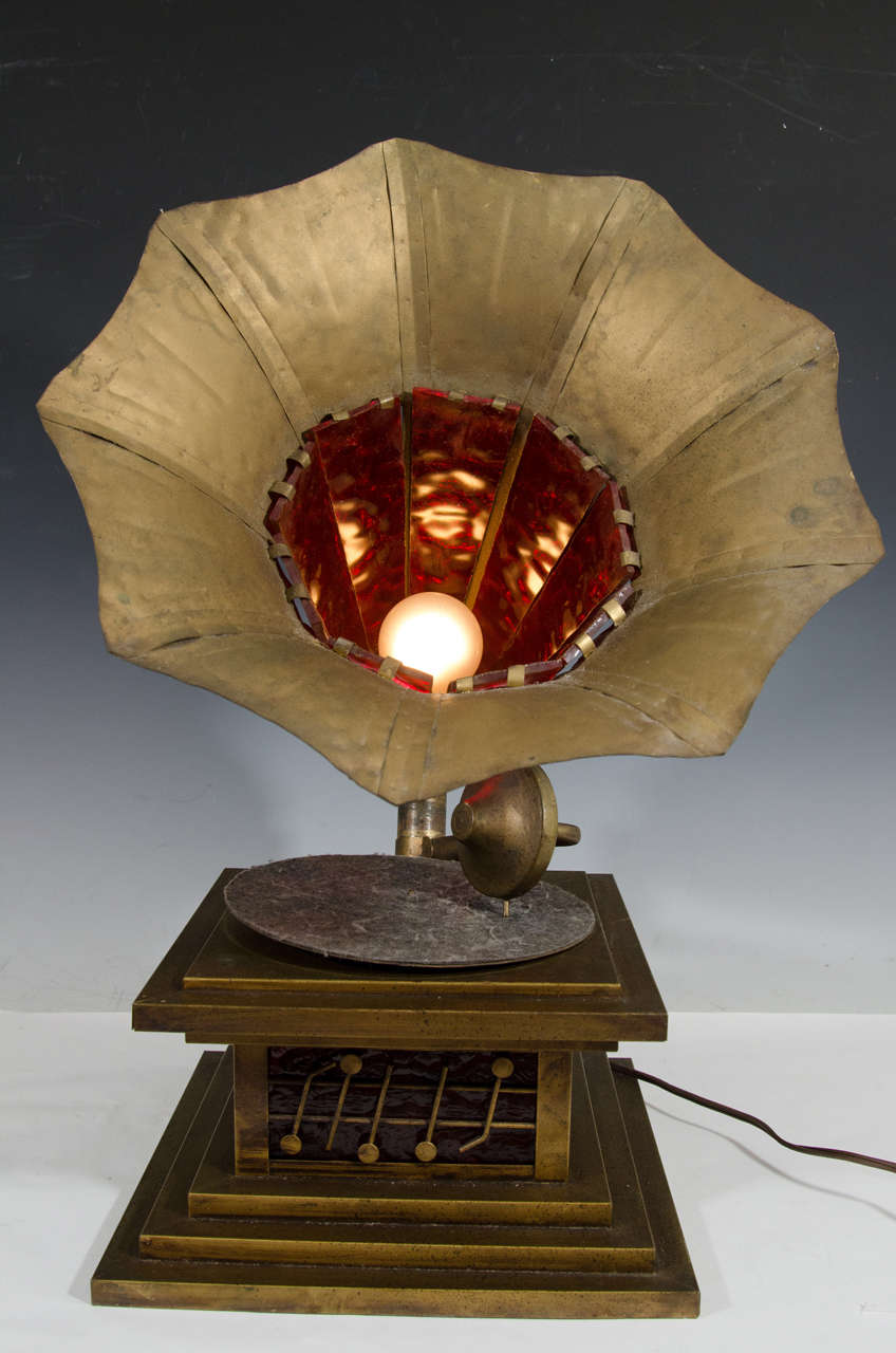 Glass Vintage 1940s Hand Formed Victrola Table Lamp For Sale