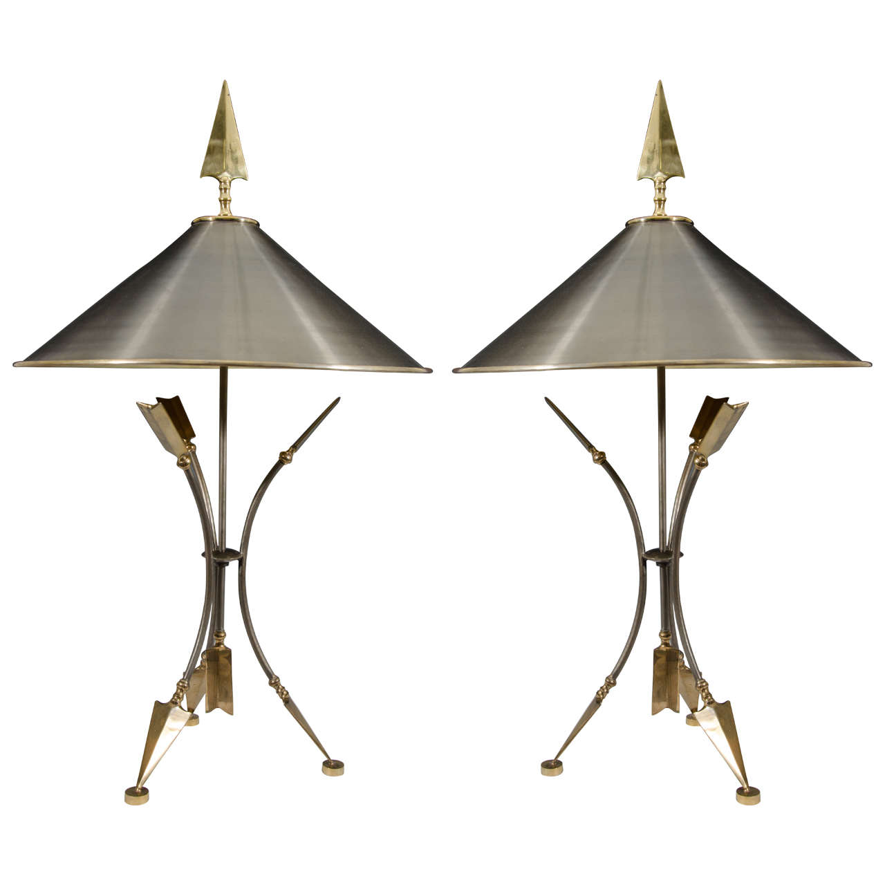 20th Century Pair of Stylized Brass and Metal Arrow Lamps