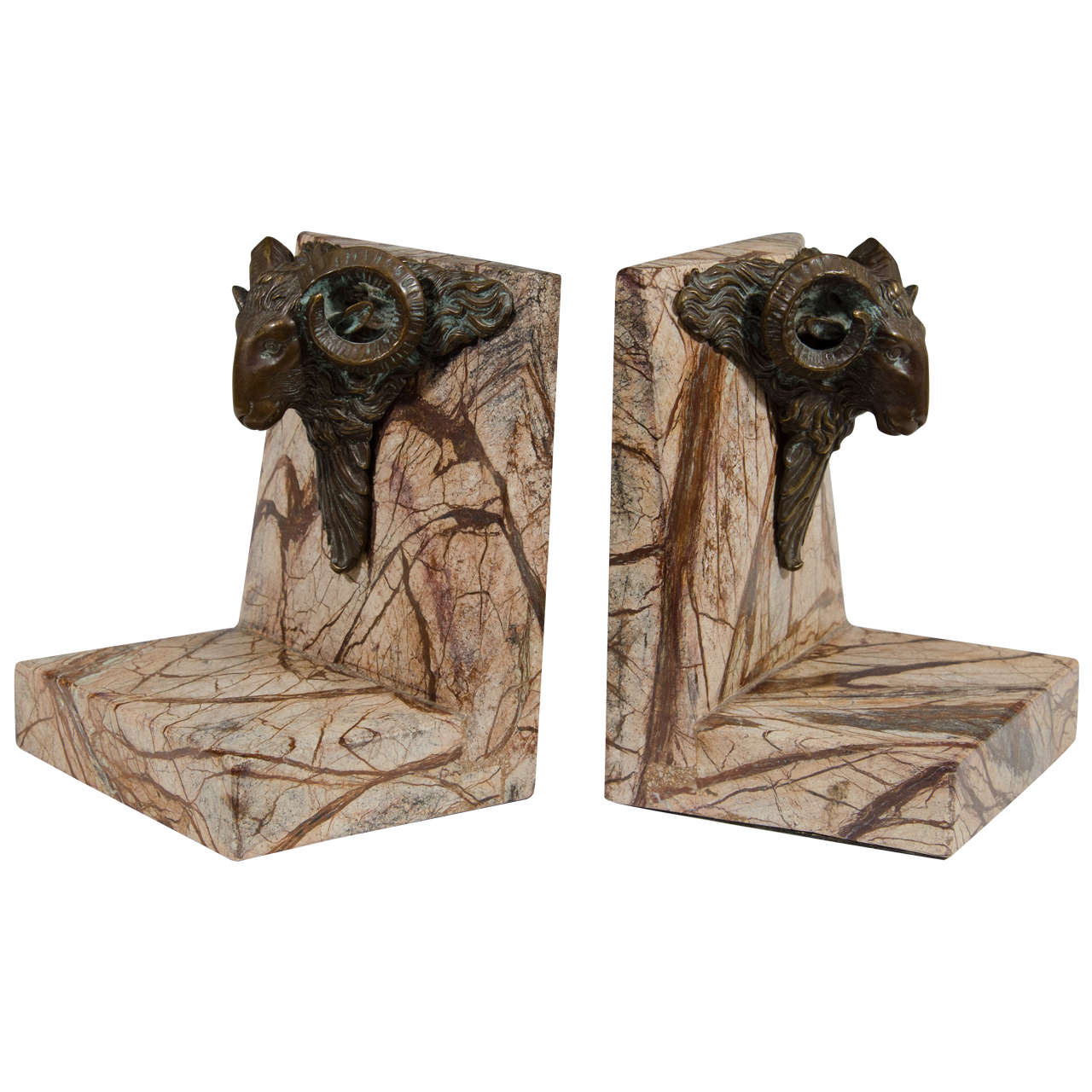 Pair of Marble and Bronze Bookends with Ram's Heads