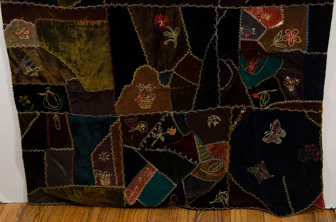 American An Antique Handmade Crazy Quilt in Embroidered Velvet
