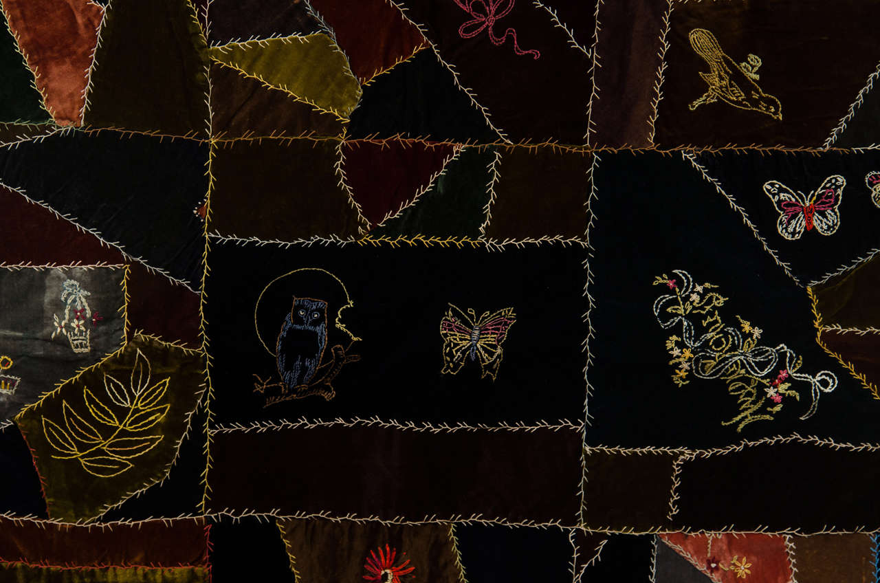 An Antique Handmade Crazy Quilt in Embroidered Velvet In Good Condition In New York, NY