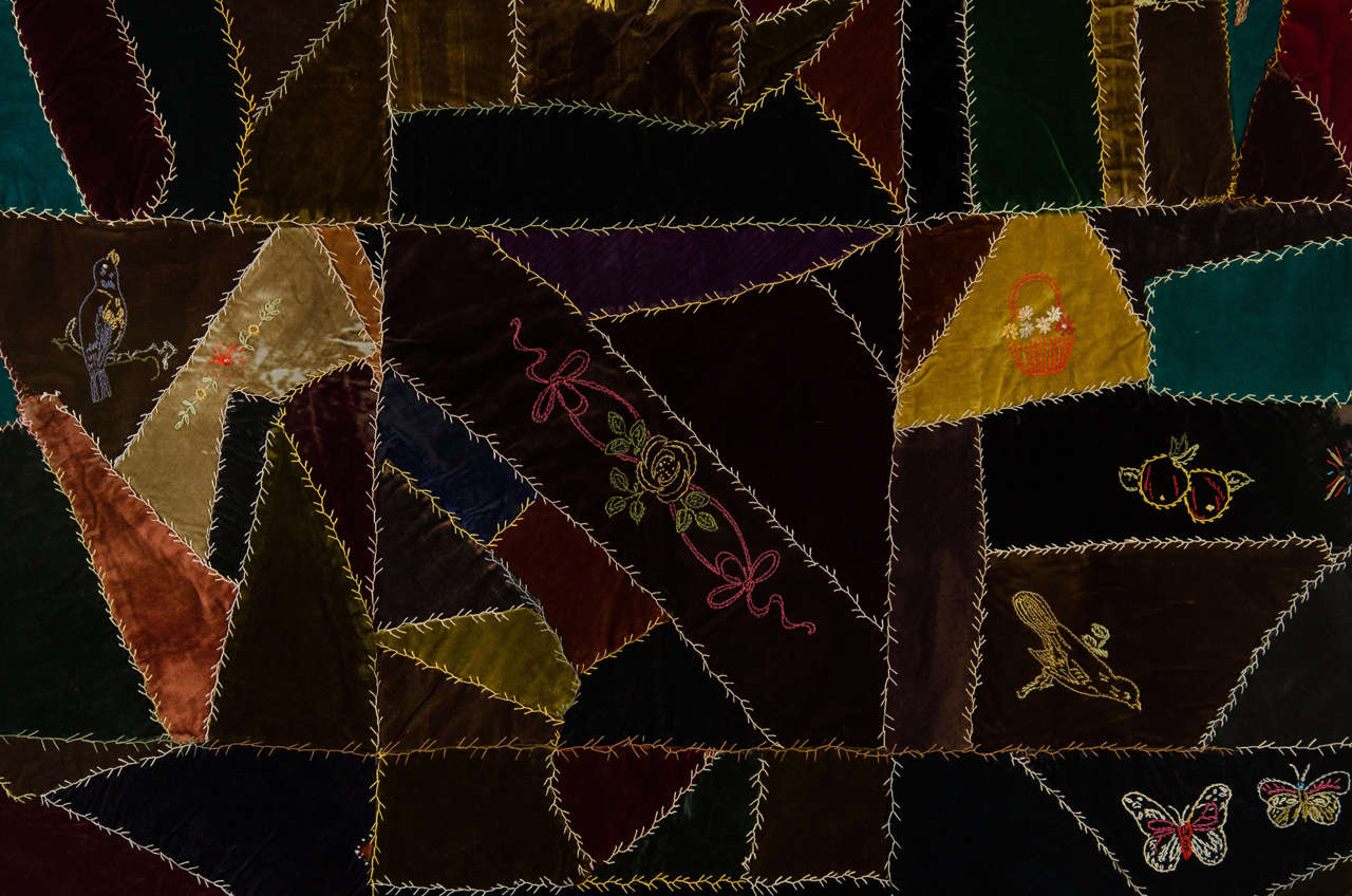 19th Century An Antique Handmade Crazy Quilt in Embroidered Velvet