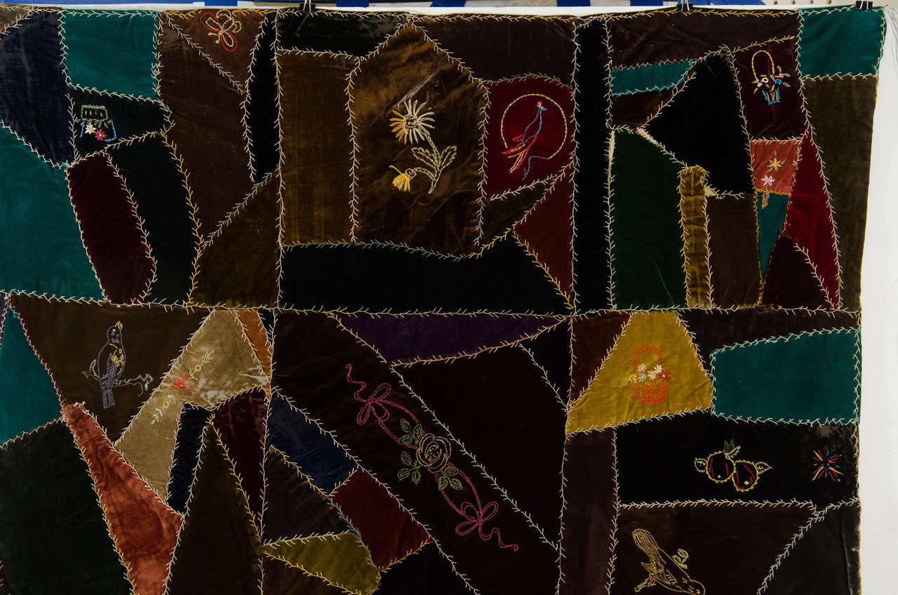 Textile An Antique Handmade Crazy Quilt in Embroidered Velvet