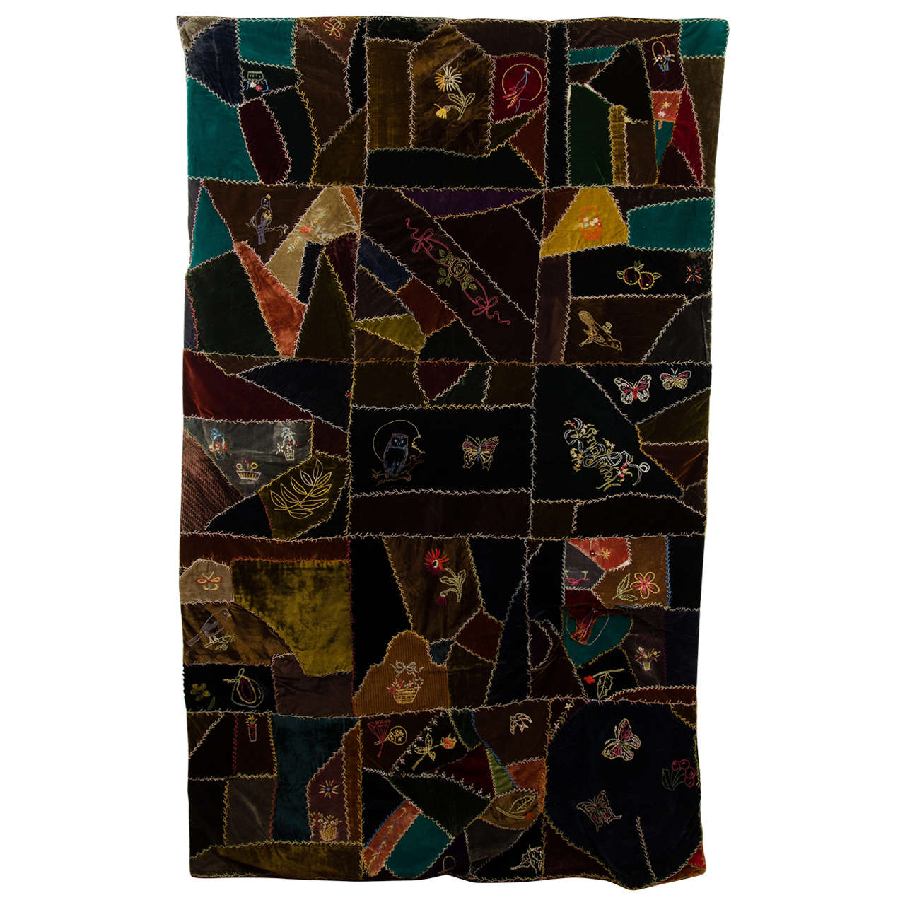 An Antique Handmade Crazy Quilt in Embroidered Velvet