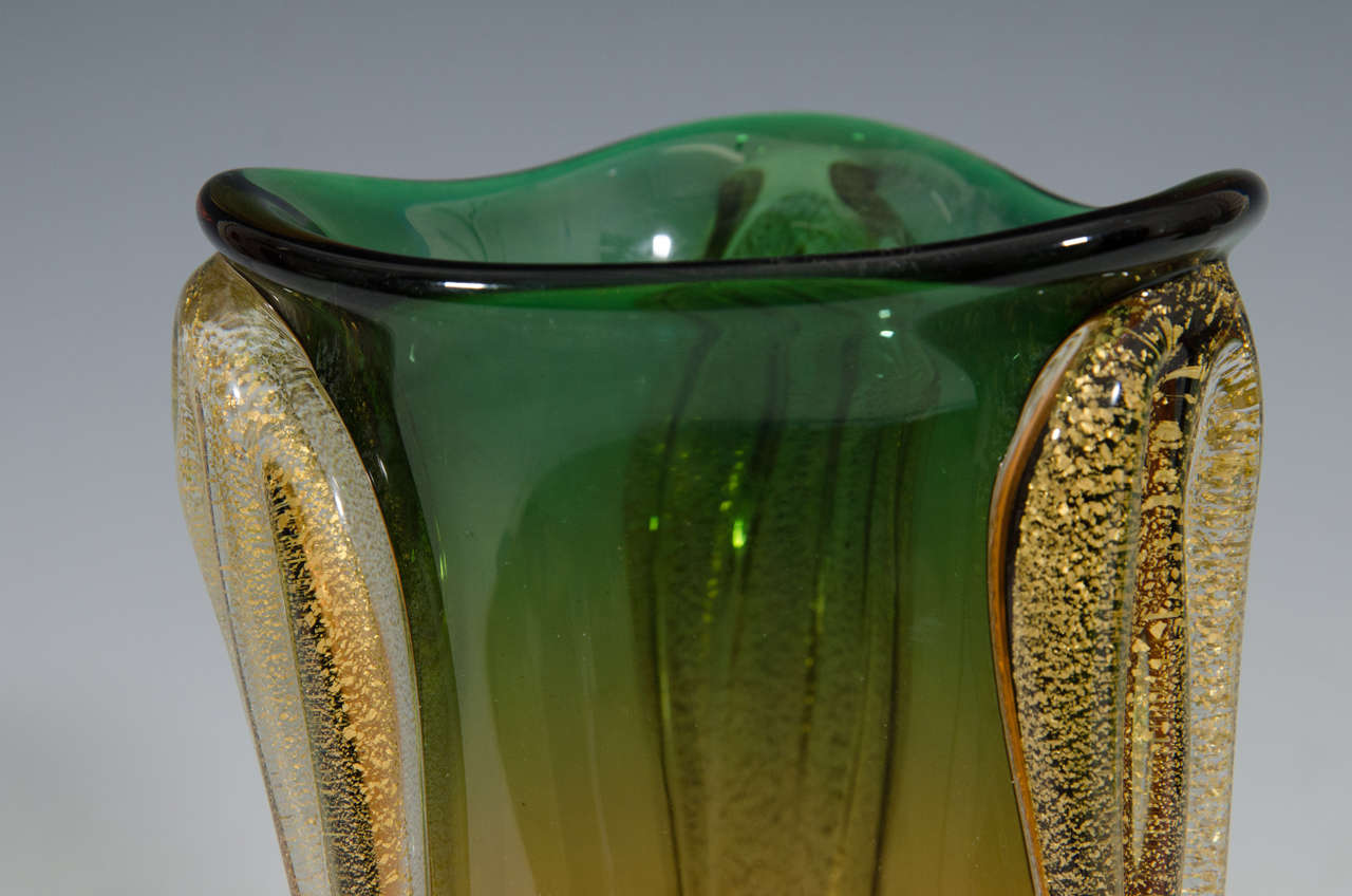 Midcentury Murano Glass Vase In Green And Amber With Gold Leaf At 1stdibs Murano Vase Price