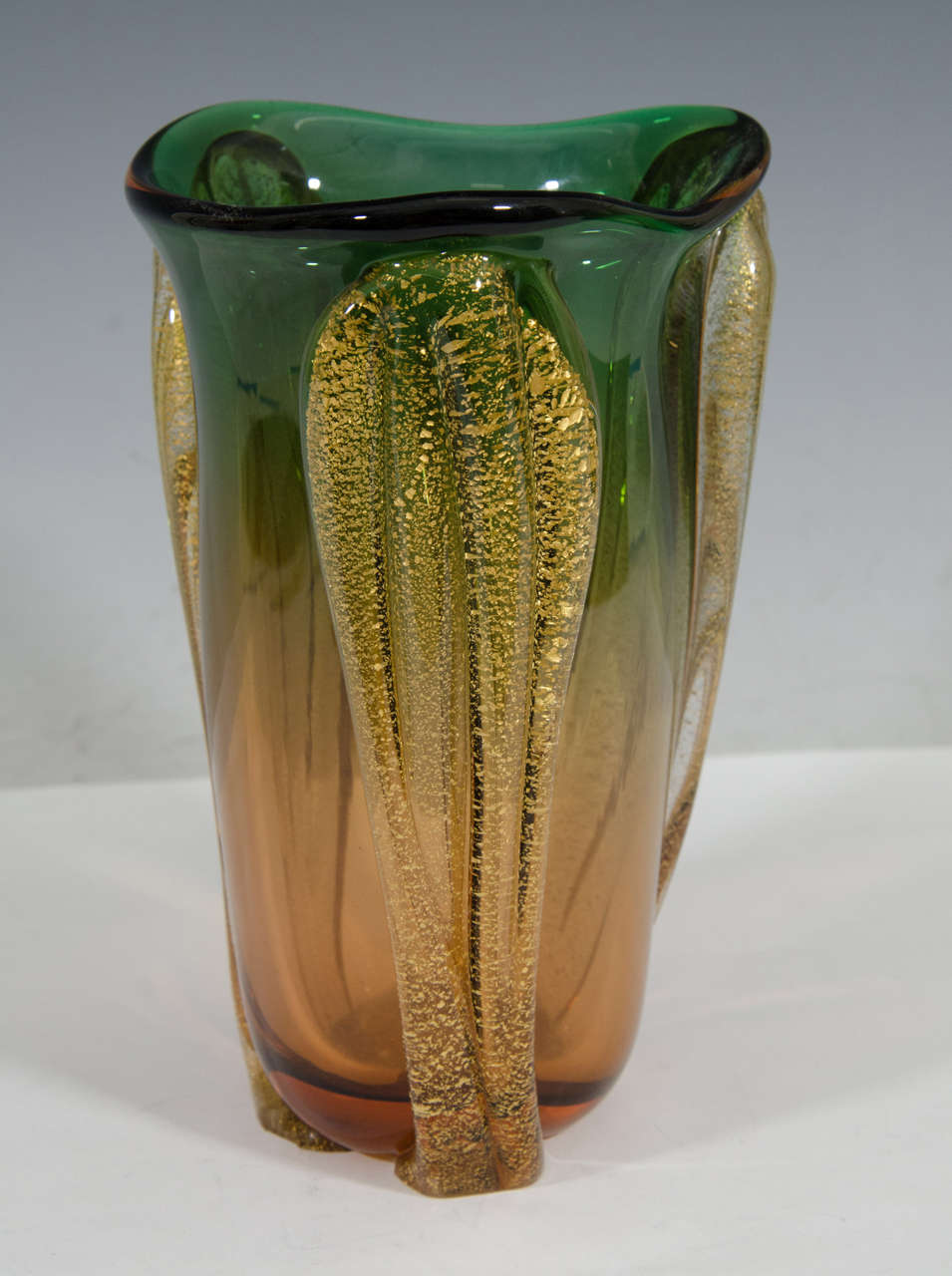 Midcentury Murano Glass Vase In Green And Amber With Gold Leaf For Sale At 1stdibs
