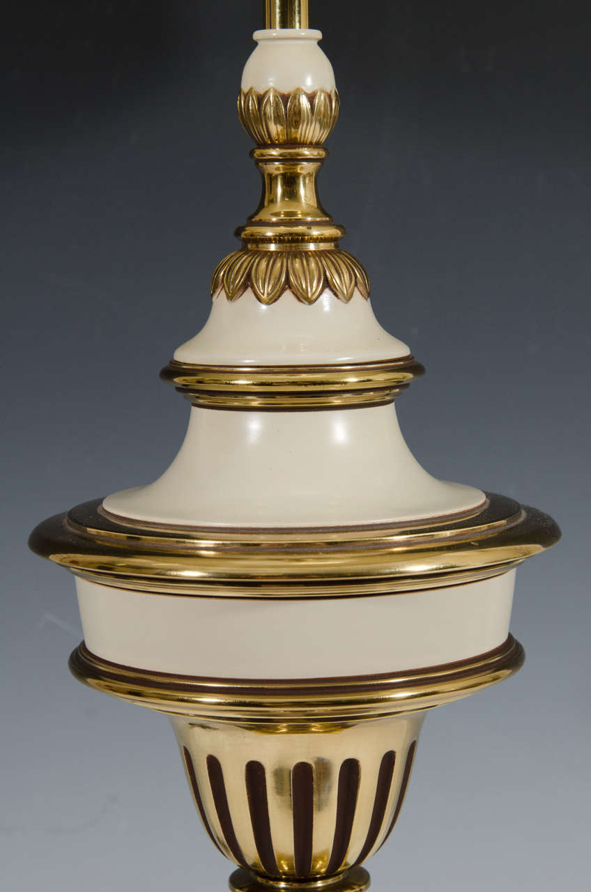 Hollywood Regency Style Pair of Brass Cream Colored Stiffel Table Lamps