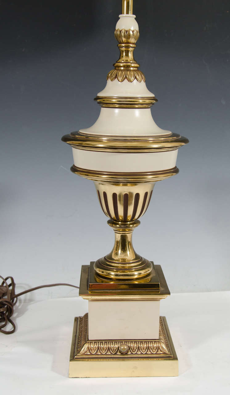 Hollywood Regency Style Pair of Brass Cream Colored Stiffel Table Lamps