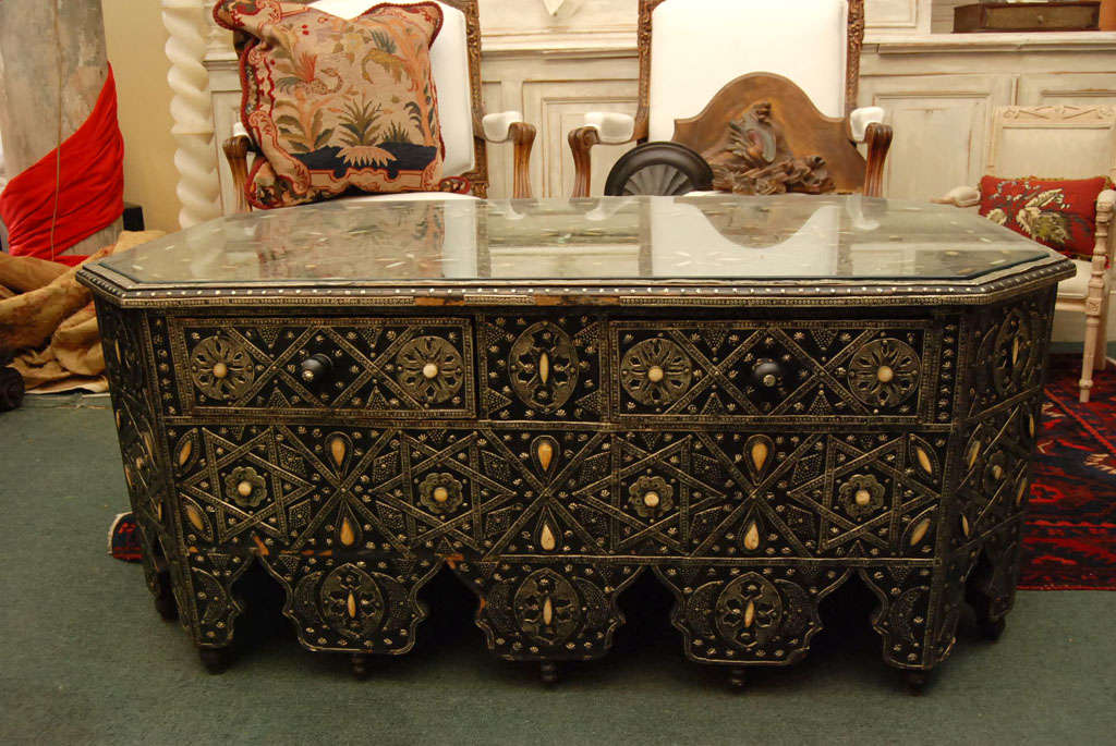 20th Century Moroccan Style Ebonized, Silver metal low table w/drawer