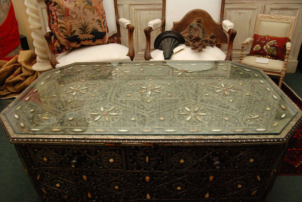 Wood Moroccan Style Ebonized, Silver metal low table w/drawer