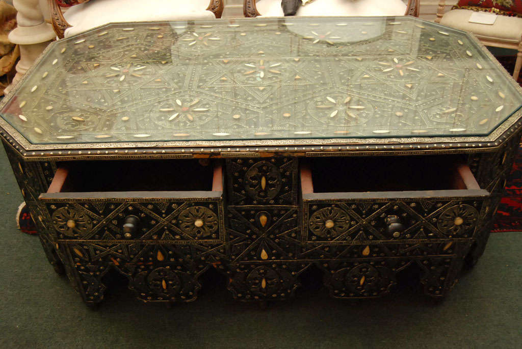 Moroccan Style Ebonized, Silver metal low table w/drawer 2