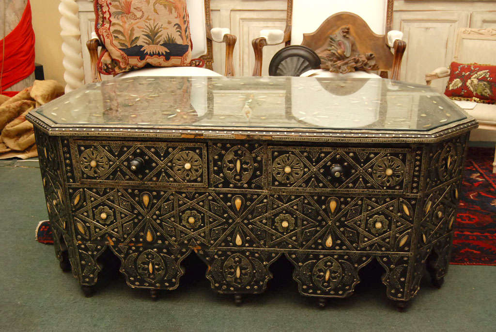 A Moroccan Style Ebonized, Silver metal covered in Hard-stone-mounted Low Table with Drawers. The Glass insert has been added. Great for that unusual coffee table
