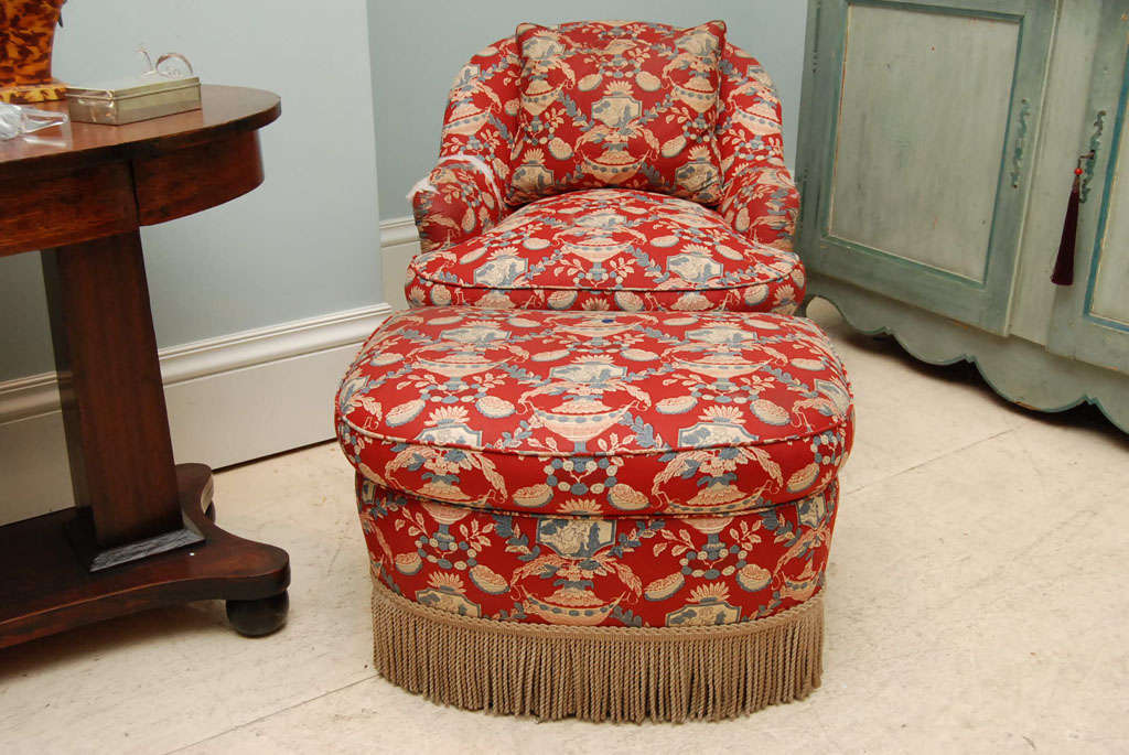 American Victorian-Style Chintz Upholstered Chair & Ottoman