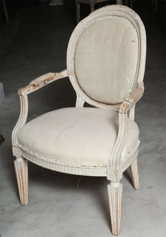 Set of four large-scale 19th century, Italian, Louis XVI Style upholstered fauteuils. Very comfortable.