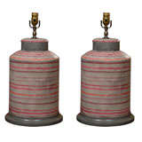Pair Tole Lamps with Horizontal Stripes, Gray Ground