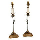 Pair Tripod Bases Metal and Copper Candlestick Lamps