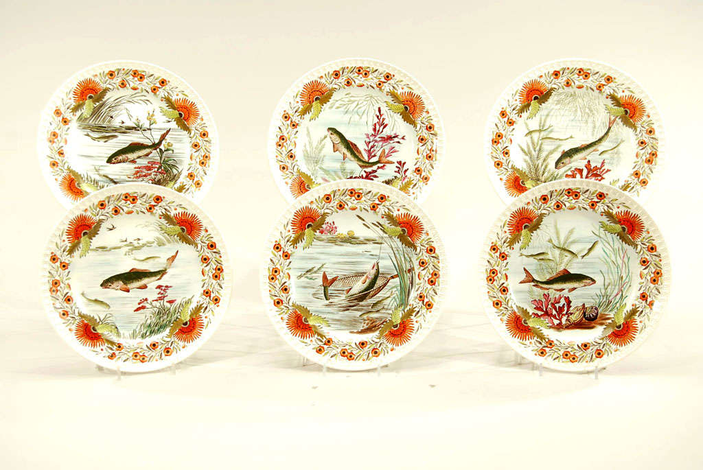 Anglais WT Copeland Mouvement esthétique Mouvement XIXe siècle Vaisselle crème  Ensemble de poissons en vente